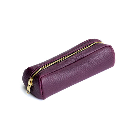 All Color: Plum | Leather pouch with a curved top and zipper