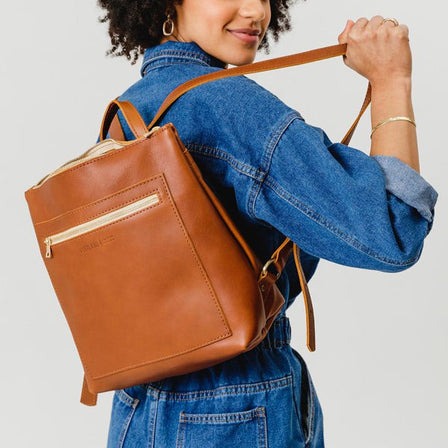 All Color: Honey | Square slim leather tote backpack