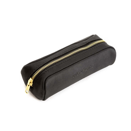 All Color: Black | Leather pouch with a curved top and zipper