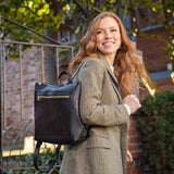 All Color: Black | Model wearing square slim leather tote backpack